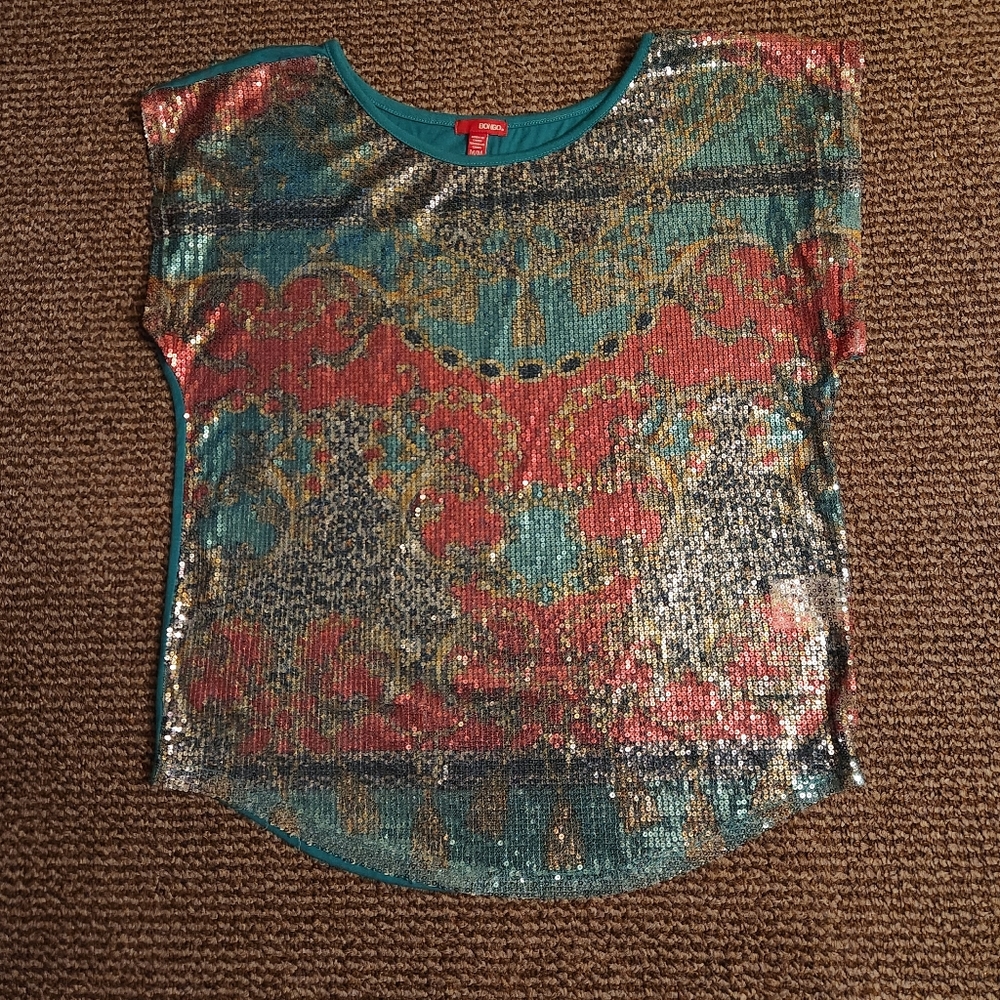 Bongo Sparkle Shiny Sequin Top Blouse Turquoise Medium
